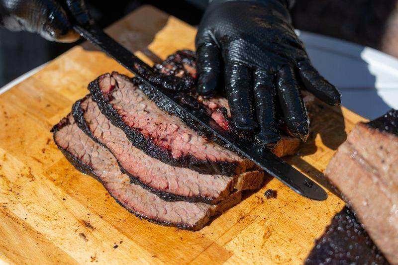 Slicing perfectly cooked 42-hour sous vide brisket